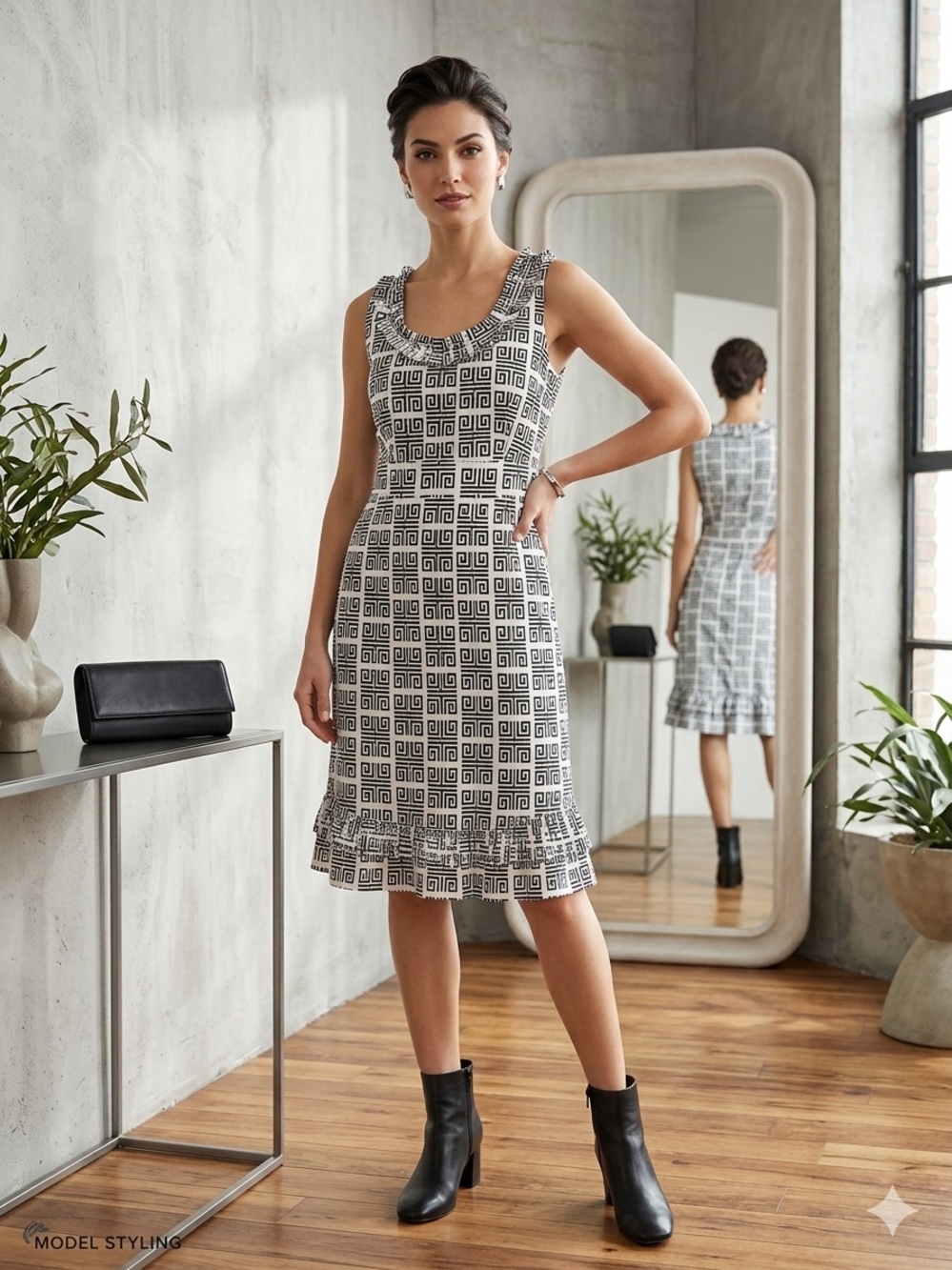 Tory Burch Greek Key geometric patterned  ruffle sleeveless midi dress size 4